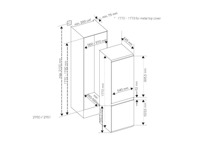 60 cm built-in bottom mount refrigerator H177, sliding door | Bertazzoni